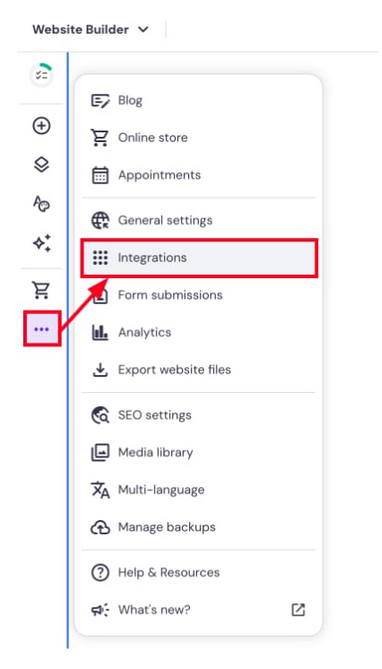 Hostinger Website Builder side menu with Integrations highlighted