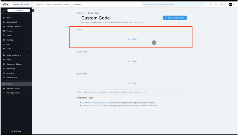 Wix Custom Code page with Add Code button in the Head section