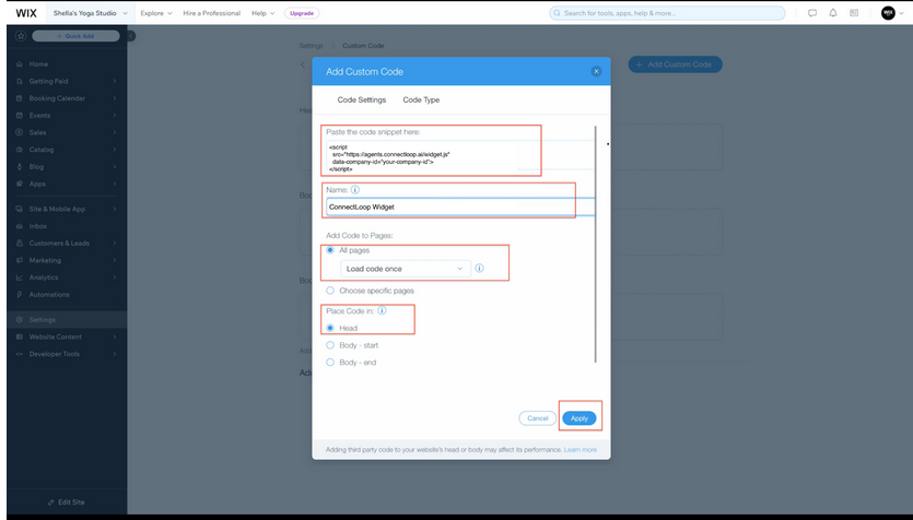 Wix Custom Code settings showing All pages, Load once per visit, and Head selected