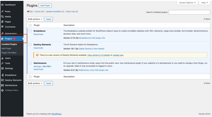 WordPress admin sidebar with Plugins highlighted