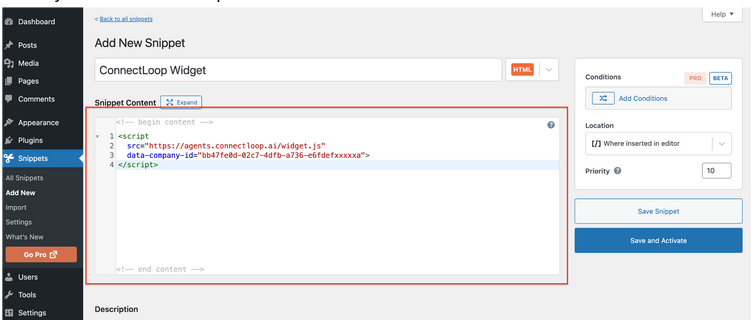 Snippet content area with ConnectLoop embed code pasted