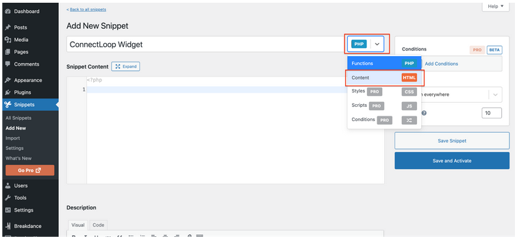 Code Type dropdown set to HTML